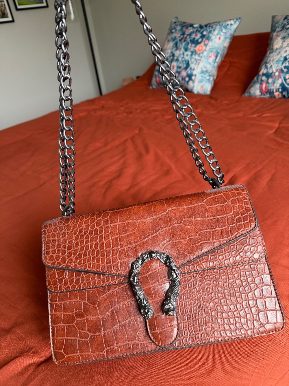Cognac Croc Tiger-Head Flap Bag